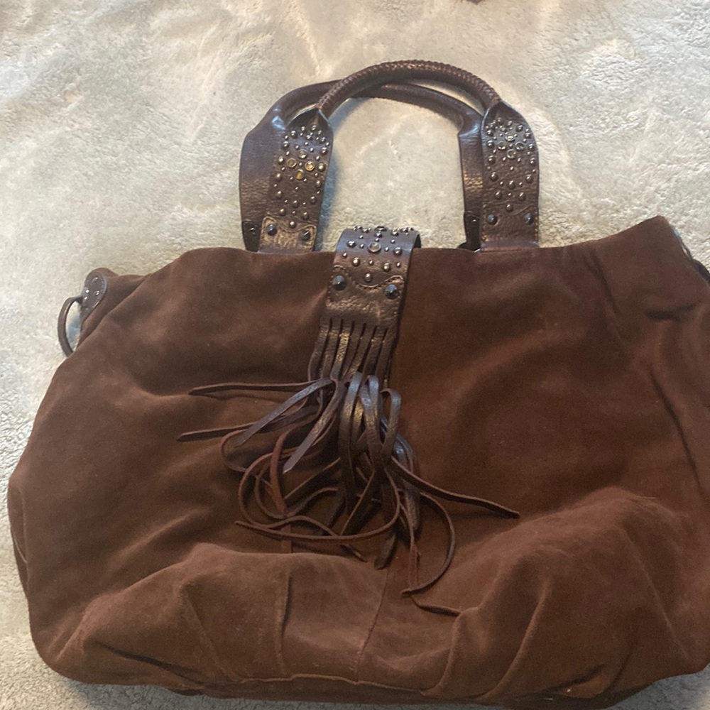 Brown suede bag with rhinestone detail